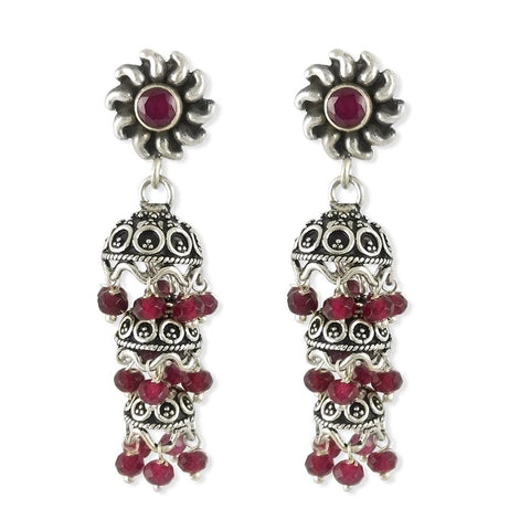 Taraash Sterling Silver Floral Style Red Beaded Jhumkis For Women UMAE135