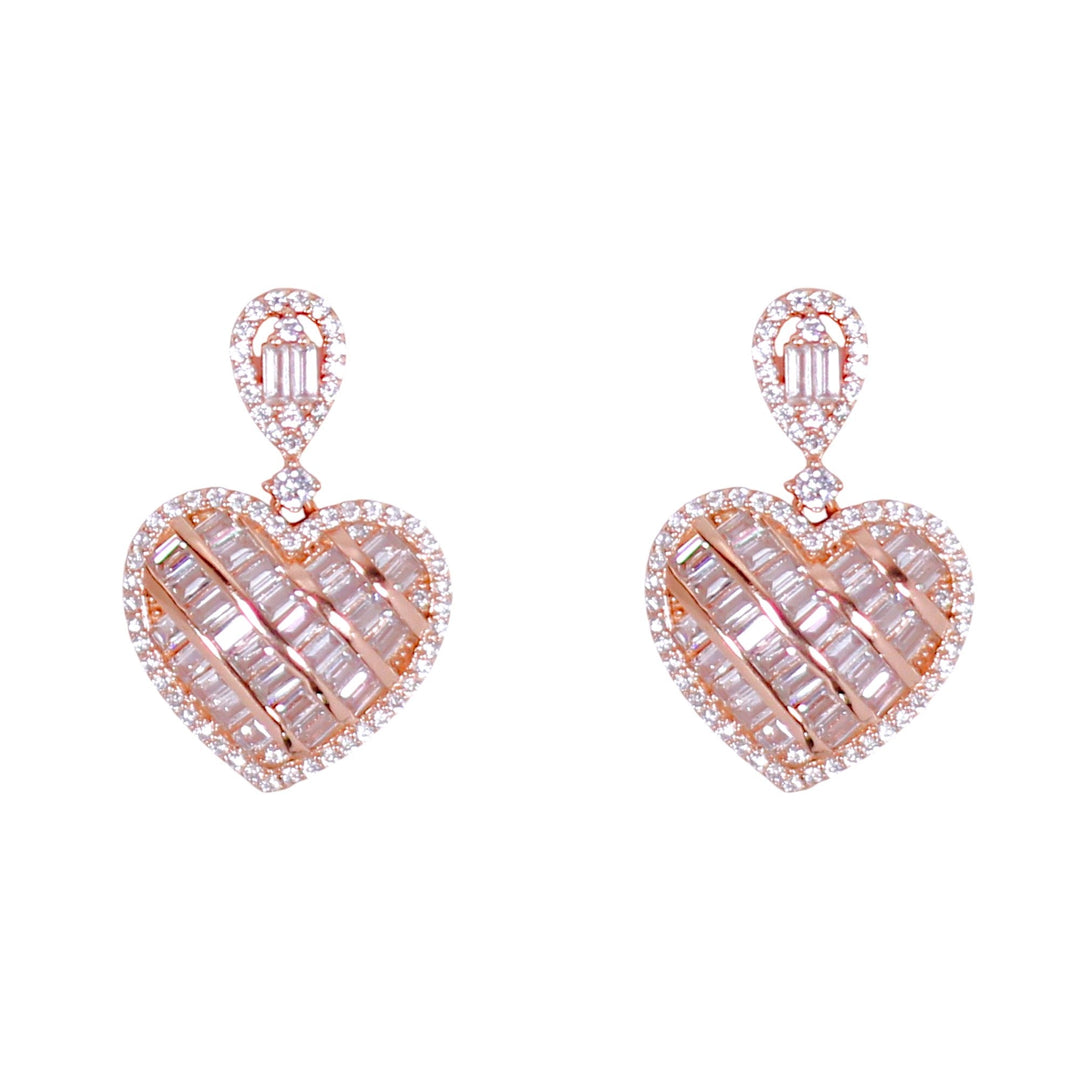 925 Sterling Silver Baguette CZ Rose Gold Plated Heart Earrings for Women - Taraash