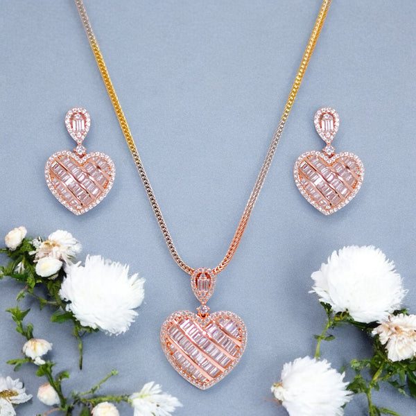 925 Sterling Silver Baguette CZ Rose Gold Plated Heart Jewellery Set for Women - Taraash