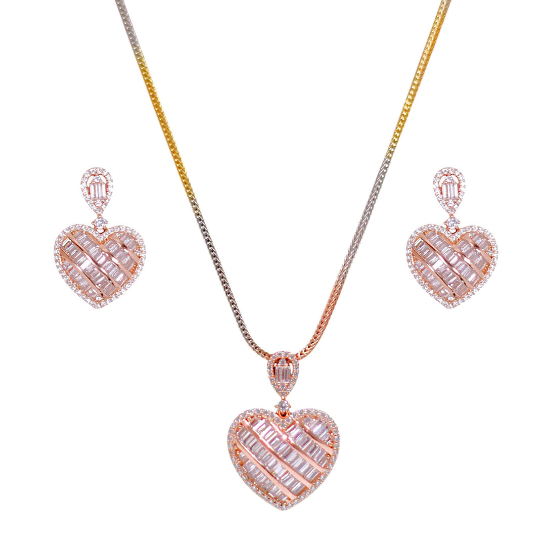 925 Sterling Silver Baguette CZ Rose Gold Plated Heart Jewellery Set for Women - Taraash
