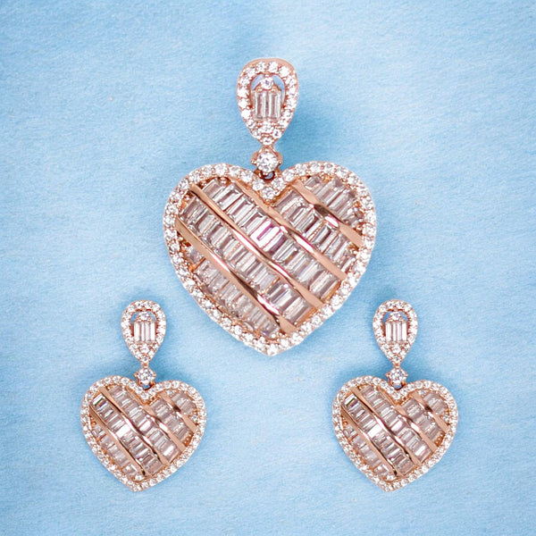 925 Sterling Silver Baguette CZ Rose Gold Plated Heart Jewelry Set for Women - Taraash