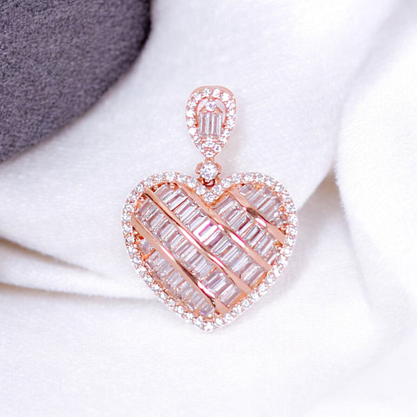 925 Sterling Silver Baguette CZ Rose Gold Plated Heart Pendant for Women - Taraash