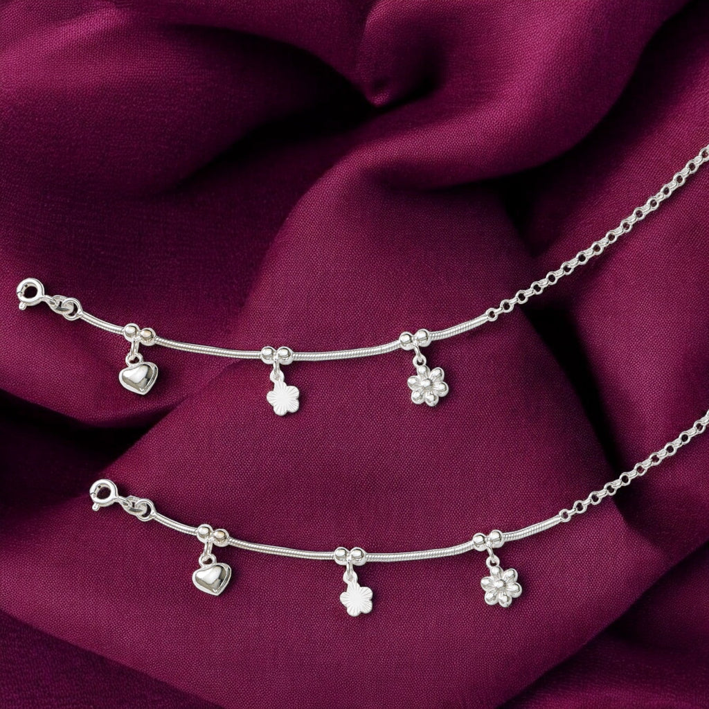 925 Sterling Silver Beaded Floral Heart Charm Chain Anklet for Girls