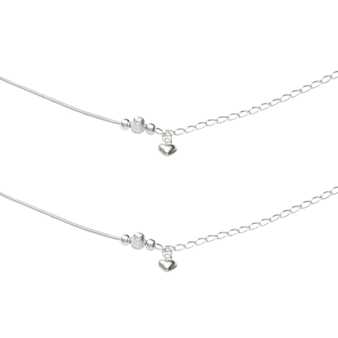 925 Sterling Silver Beaded Heart Charm Chain Anklets for Women - Taraash