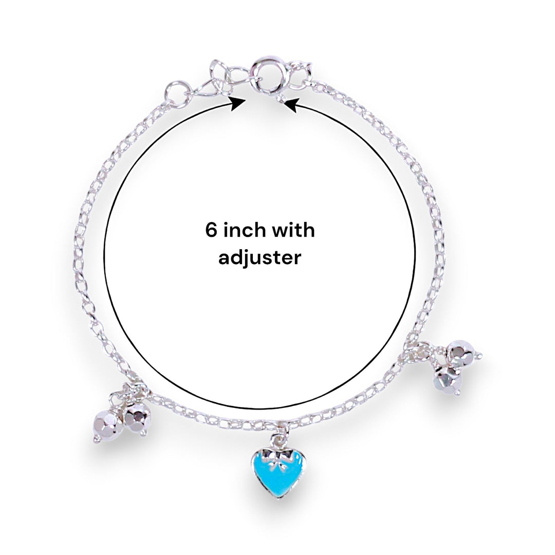 925 Sterling Silver Blue Enamel Heart with Small Bead Anklet for Kids - Taraash