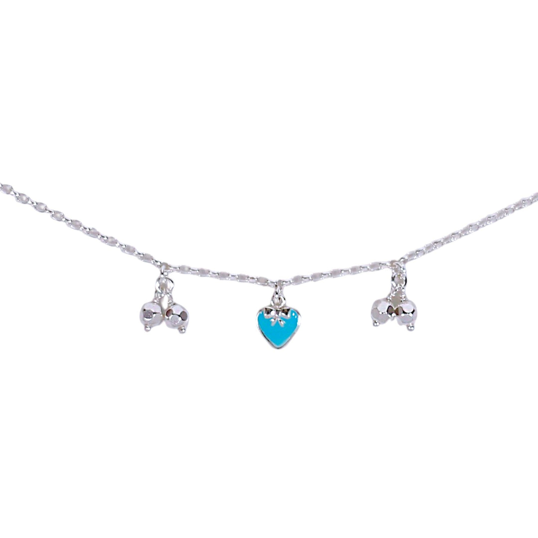 925 Sterling Silver Blue Enamel Heart with Small Bead Anklet for Kids - Taraash