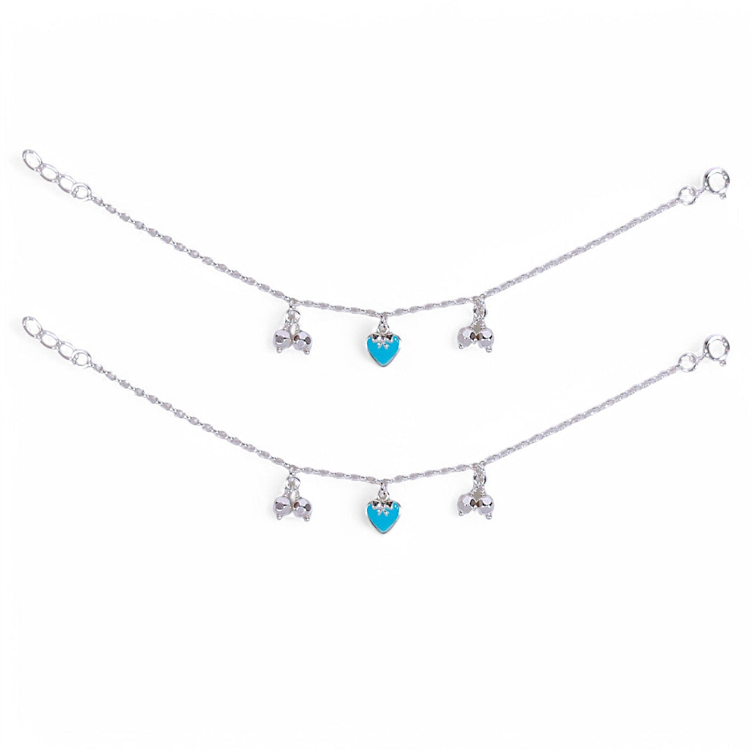 925 Sterling Silver Blue Enamel Heart with Small Bead Anklet for Kids - Taraash