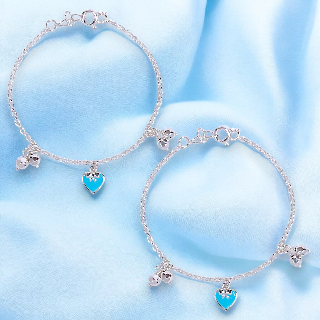 925 Sterling Silver Blue Enamel Heart with Small Bead Anklet for Kids - Taraash