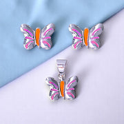 925 Sterling Silver Butterfly Enamel Stud Earrings & Pendant Set for Girls - Taraash