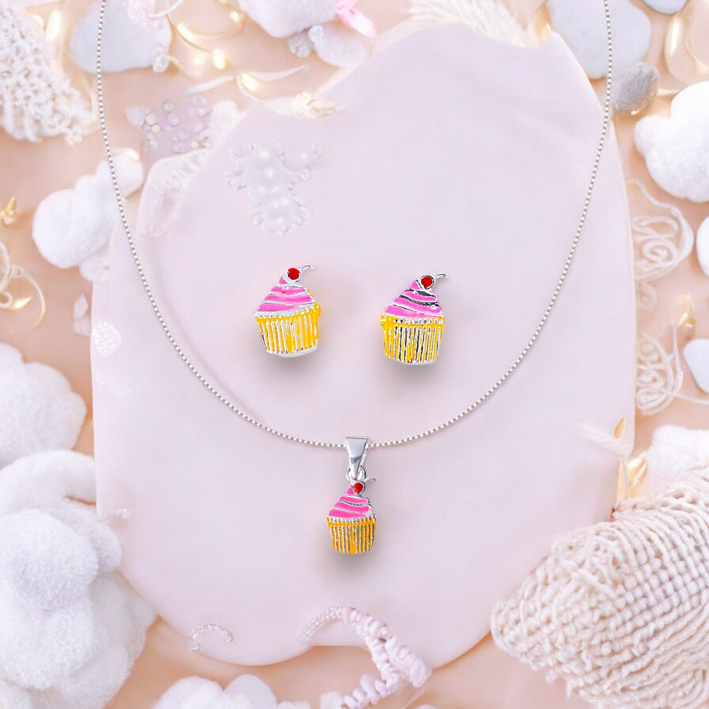 925 Sterling Silver Cupcake Earring and Chain with Pendant Set for Gir
