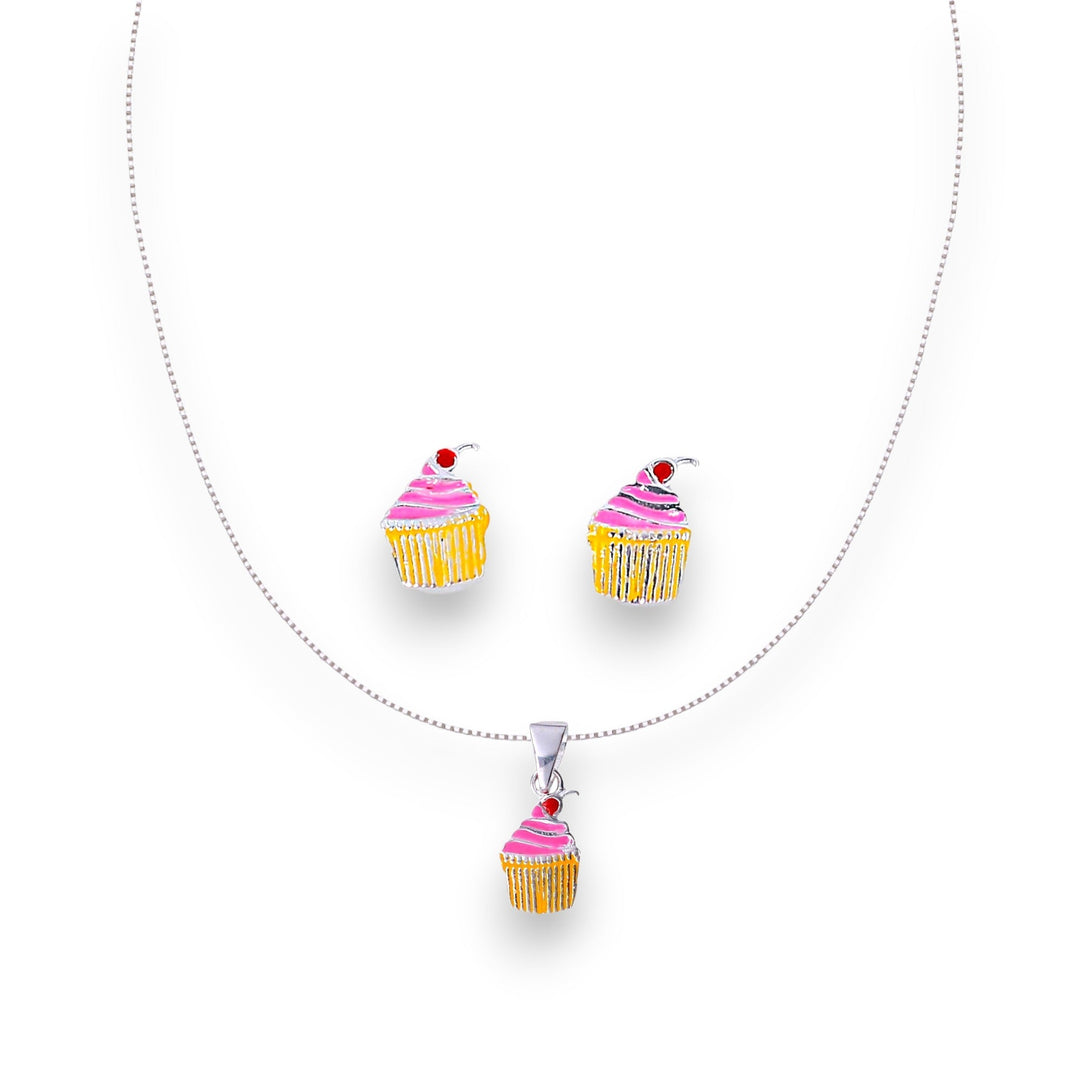 925 Sterling Silver Cupcake Earring and Chain with Pendant Set for Girls - Taraash