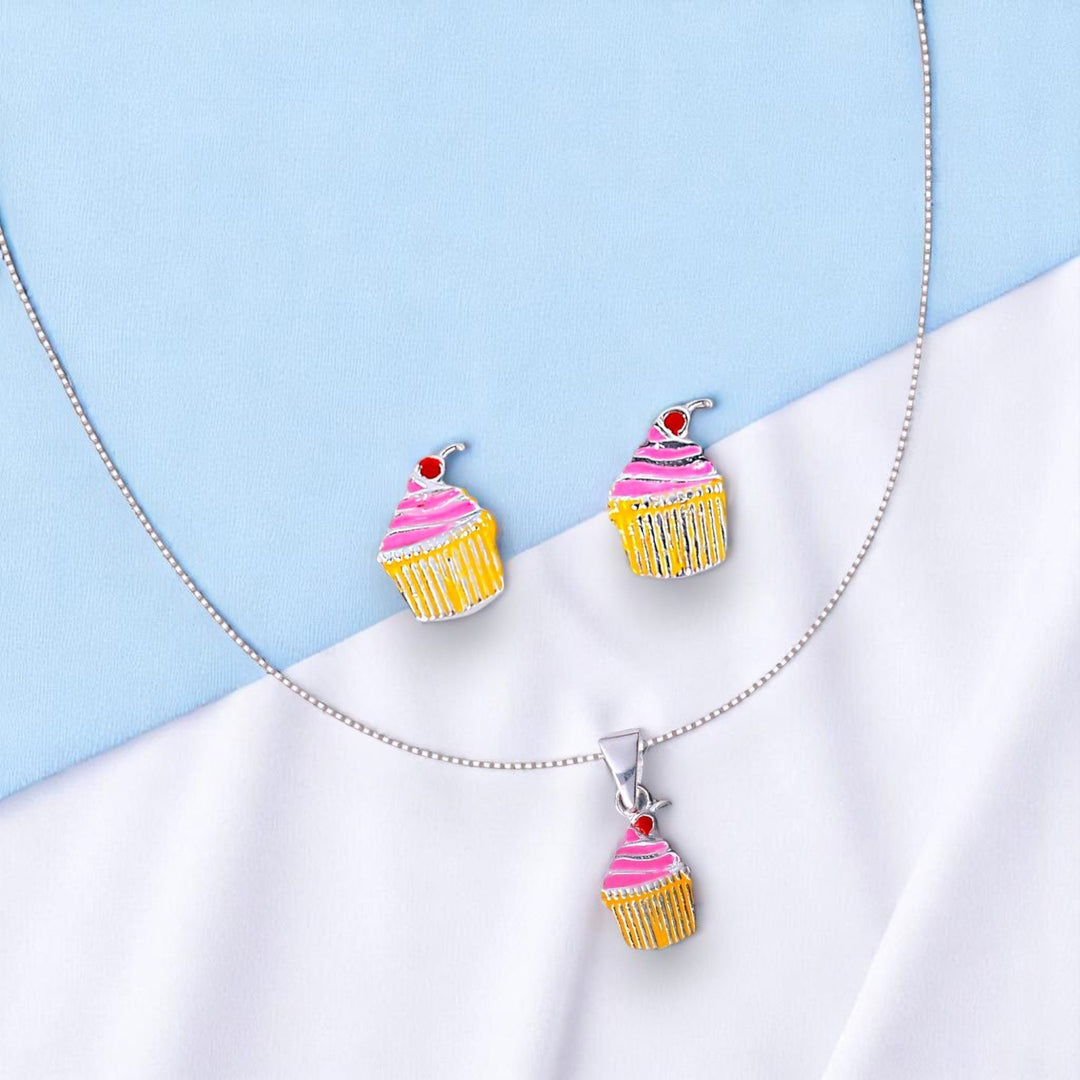 925 Sterling Silver Cupcake Earring and Chain with Pendant Set for Girls - Taraash