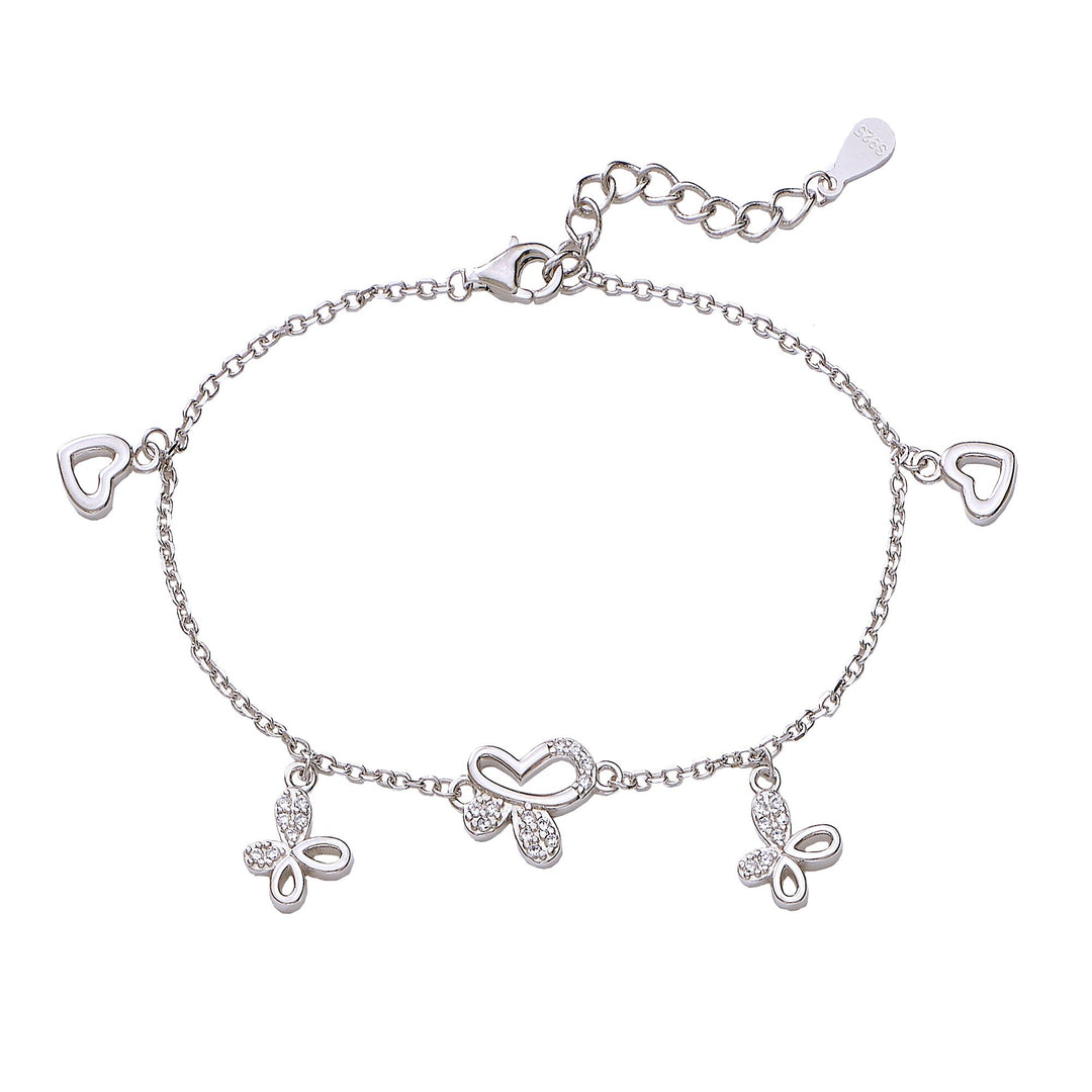 925 Sterling Silver CZ Butterfly and Heart Charm 7.5" Bracelet for Women - Taraash