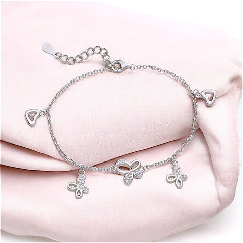 925 Sterling Silver CZ Butterfly and Heart Charm 7.5" Bracelet for Women - Taraash