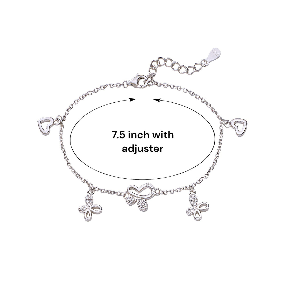 925 Sterling Silver CZ Butterfly and Heart Charm 7.5" Bracelet for Women - Taraash