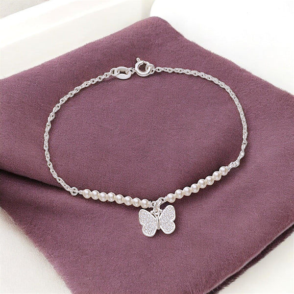 925 Sterling Silver Cz Butterfly Charm Pearl Bracelet For Women - Taraash
