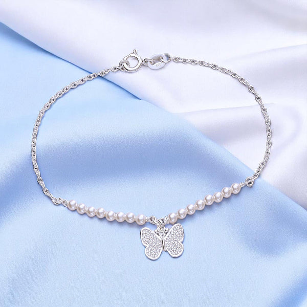925 Sterling Silver Cz Butterfly Charm Pearl Bracelet For Women - Taraash