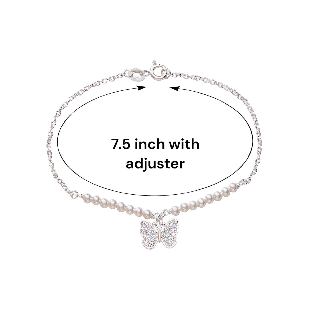 925 Sterling Silver Cz Butterfly Charm Pearl Bracelet For Women - Taraash
