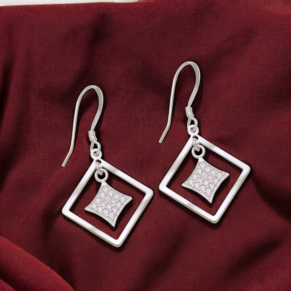 925 Sterling Silver CZ Double Square Drop Earrings Gift for Women - Taraash
