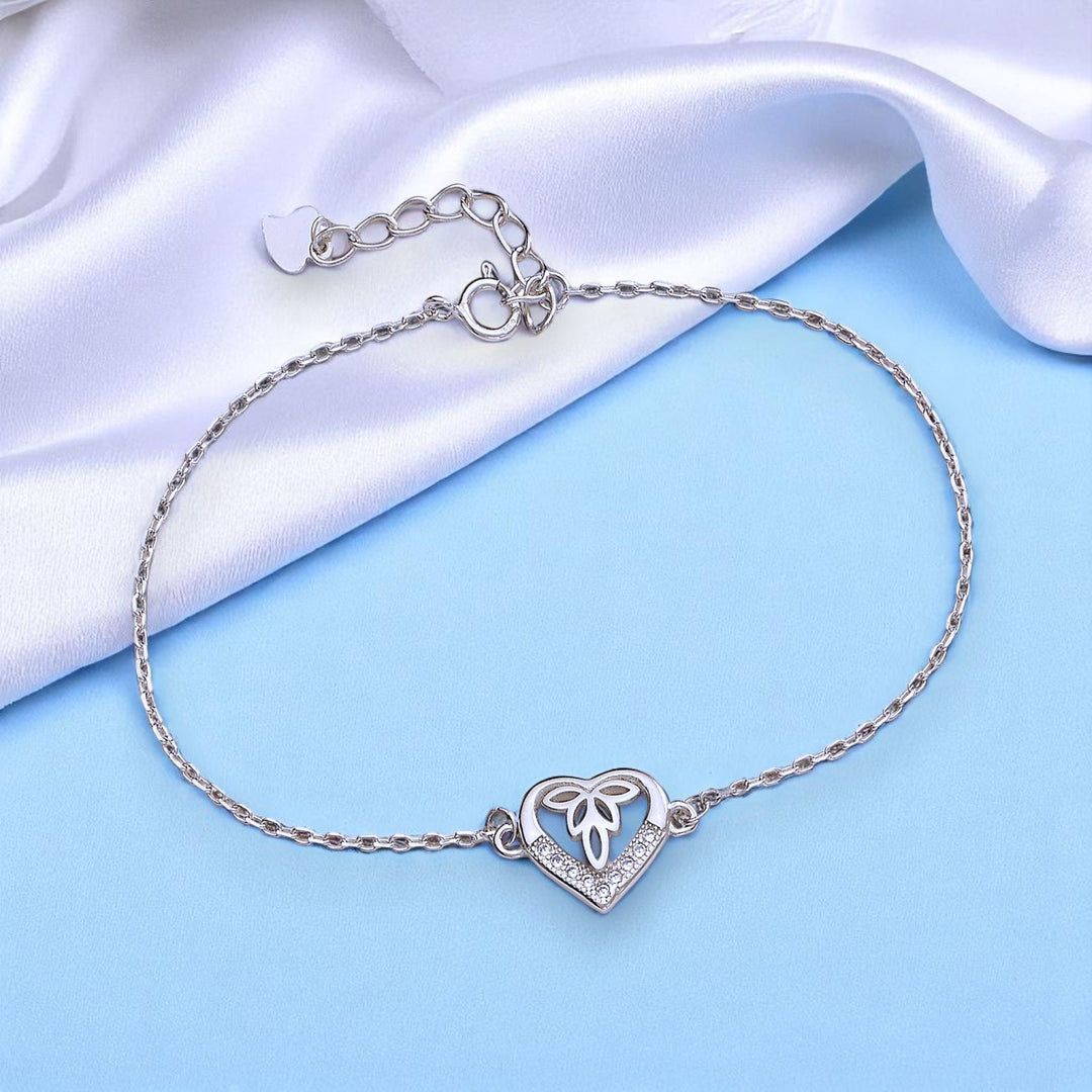 925 Sterling Silver CZ Heart Charm Chain Bracelet for Women - Taraash