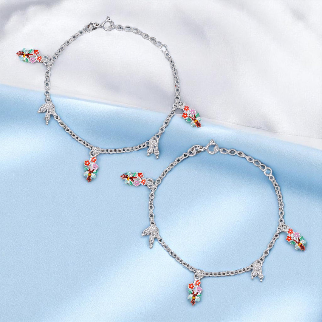 925 Sterling Silver Delicate Silver Birds Charm Anklet For Girls - Taraash