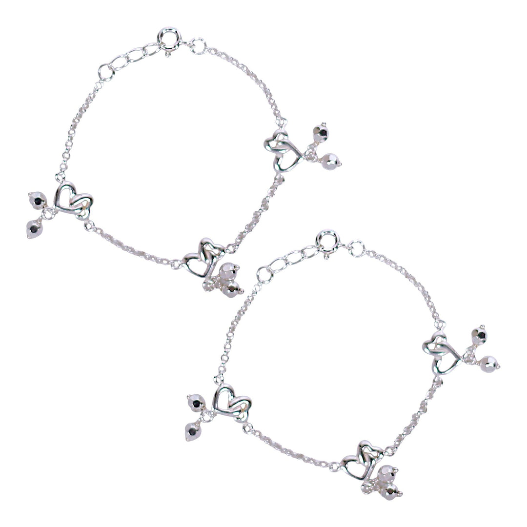 925 Sterling Silver Double Heart with Small Bead Anklet for Kids - Taraash