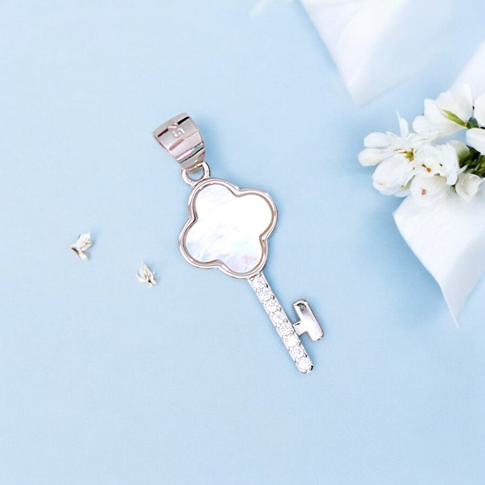925 Sterling Silver Elegant White Mother of Pearl Key Pendant with CZ for Women - Taraash