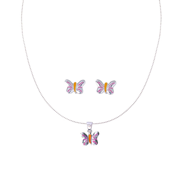 925 Sterling Silver Enamel Butterfly Chain Pendant with Stud Earrings Set for Girls - Taraash