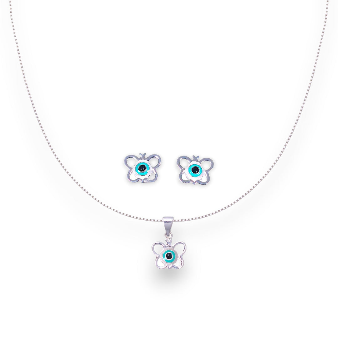 925 Sterling Silver Evil Eye Butterfly Enamel Chain Pendant with Stud Earrings Set for Girls - Taraash
