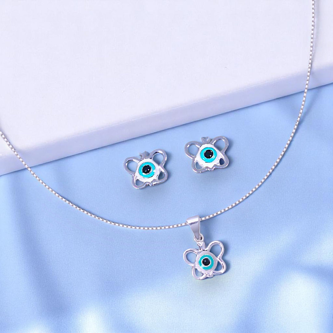 925 Sterling Silver Evil Eye Butterfly Enamel Chain Pendant with Stud Earrings Set for Girls - Taraash