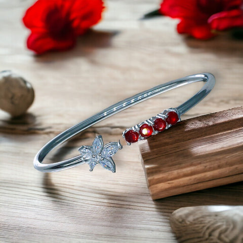 925 Sterling Silver Floral Design Red CZ Bangle For Women - Taraash