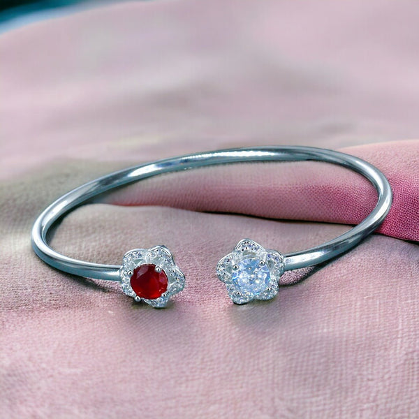 925 Sterling Silver Floral design Red CZ Bangle For Women - Taraash
