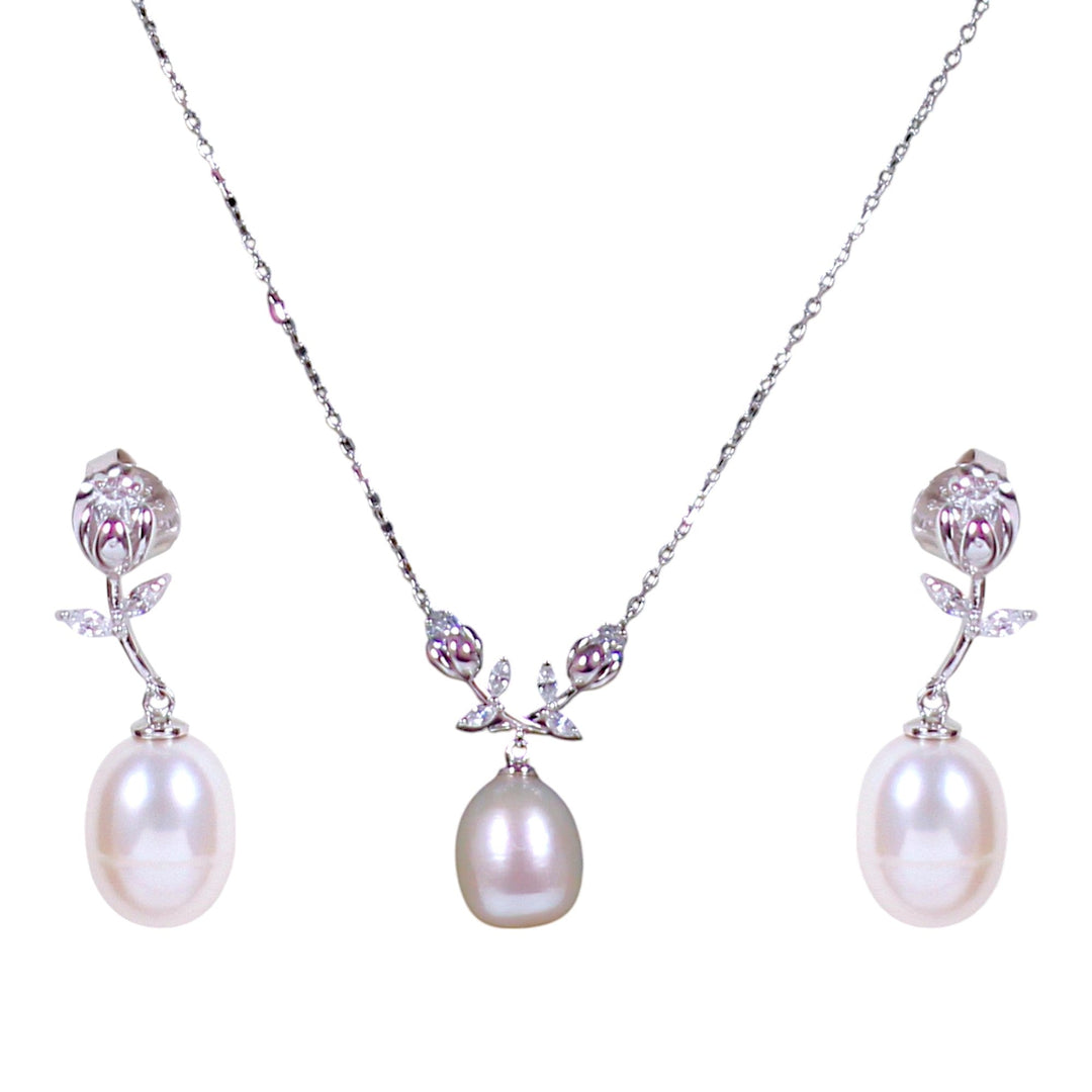 925 Sterling Silver Floral & Pearl Drop CZ Jewelry Set for Women - Taraash