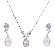 925 Sterling Silver Floral & Pearl Drop CZ Jewelry Set for Women - Taraash
