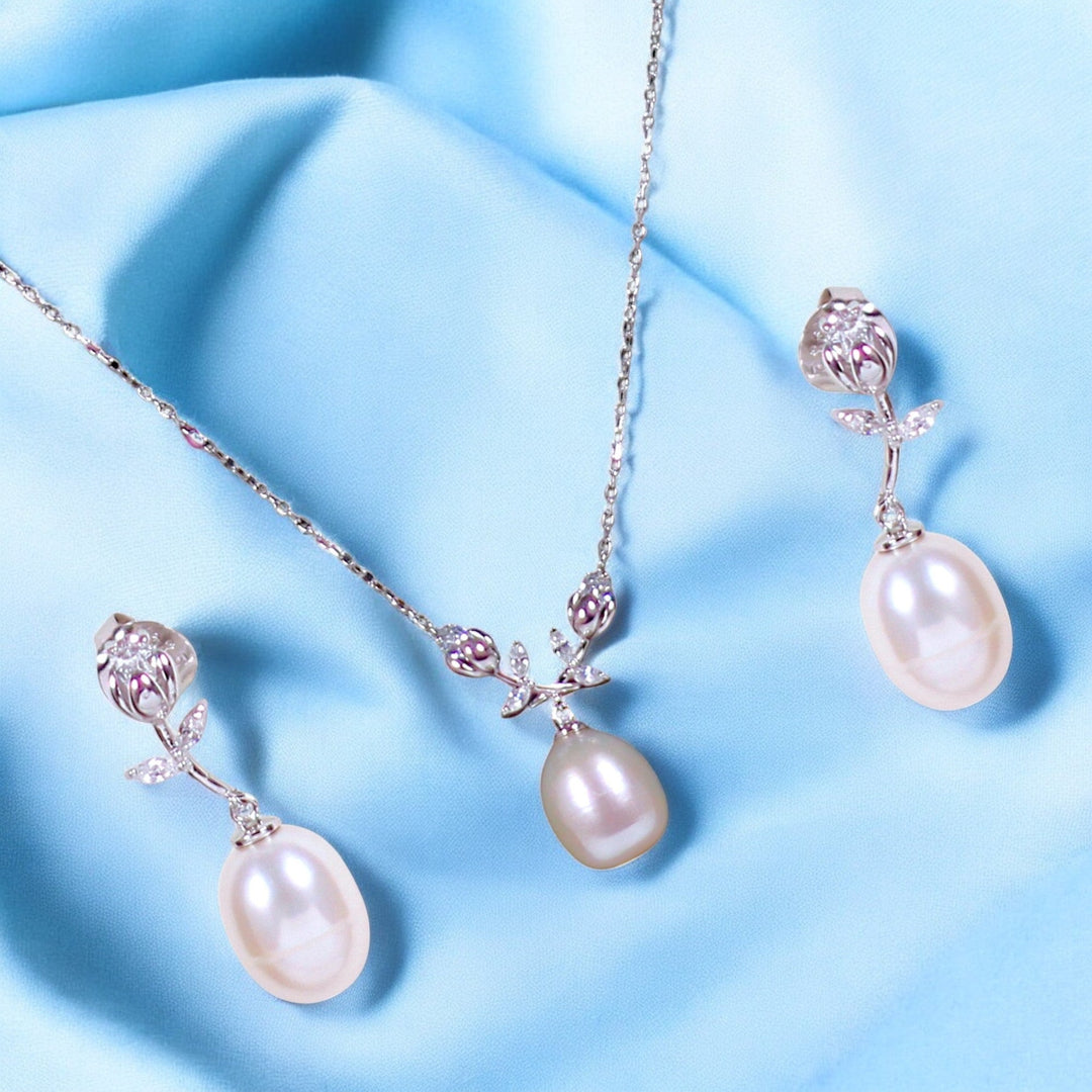 925 Sterling Silver Floral & Pearl Drop CZ Jewelry Set for Women - Taraash