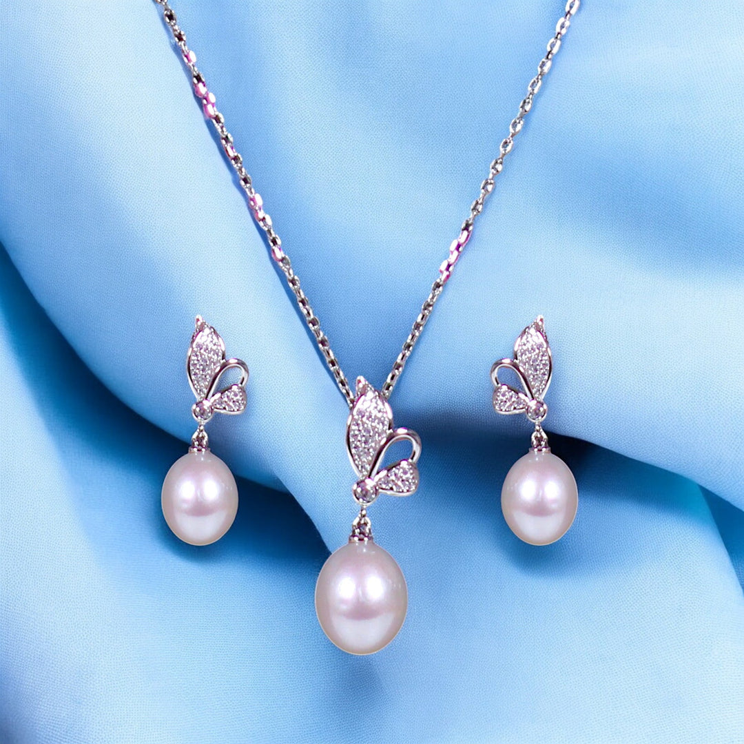 925 Sterling Silver Flower & Pearl Drop CZ Jewelry Set for Women - Taraash