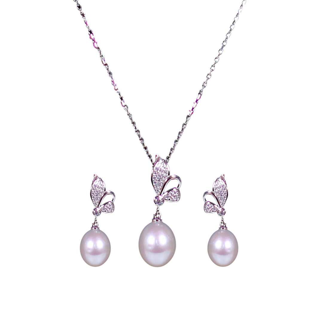 925 Sterling Silver Flower & Pearl Drop CZ Jewelry Set for Women - Taraash