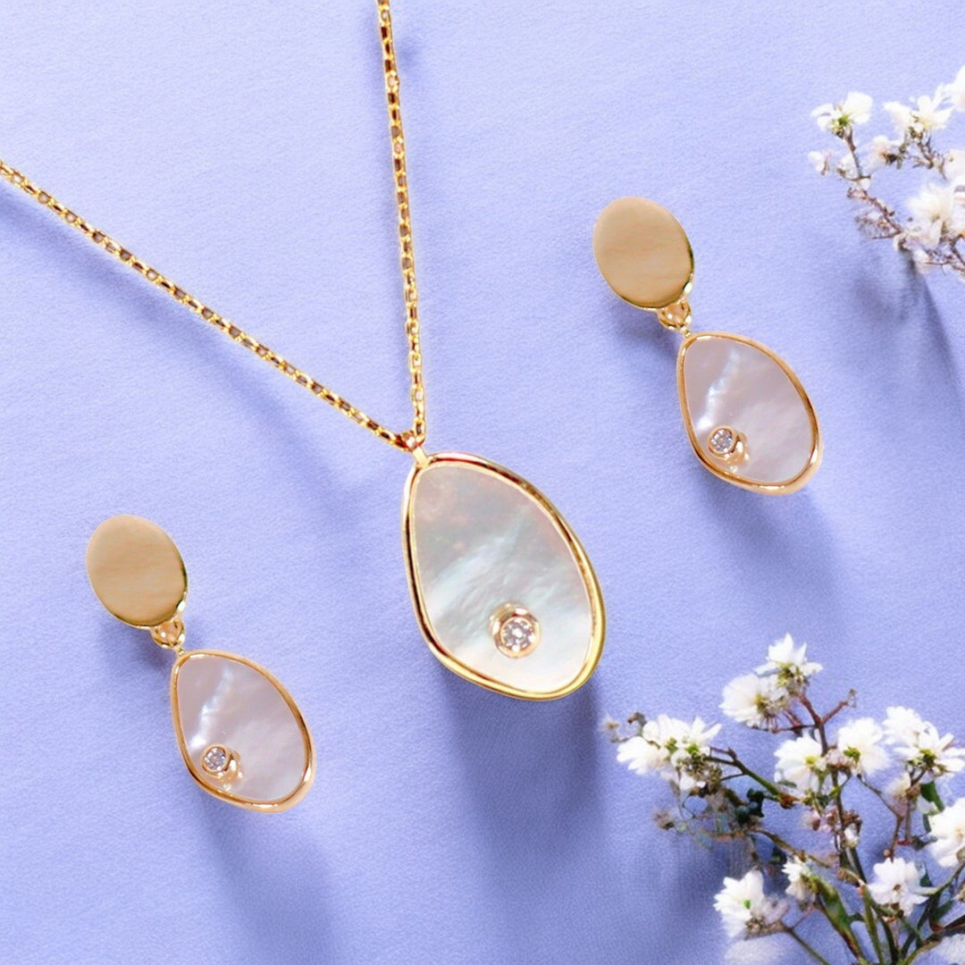 925 Sterling Silver Gold Plated Drop Shape MOP with CZ Jewelry Set for Women - Taraash