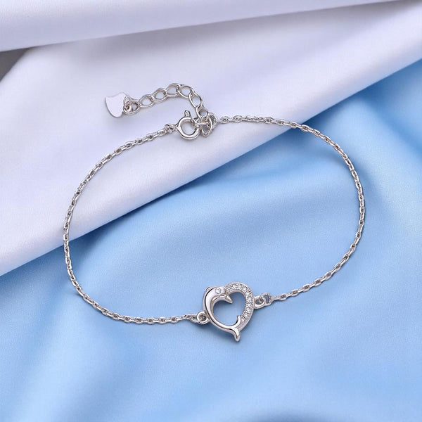 925 Sterling Silver Heart Bracelet with Dolphin Design and Cubic Zirconia for Women - Taraash