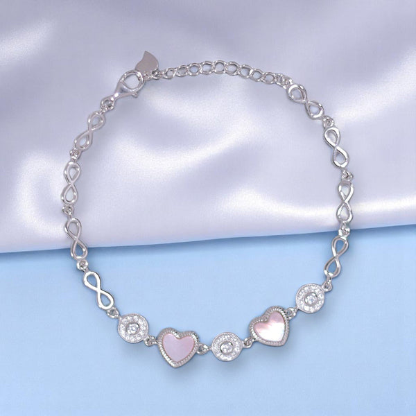 925 Sterling Silver Heart Pink Mother - of - Pearl & CZ Bracelet - Taraash