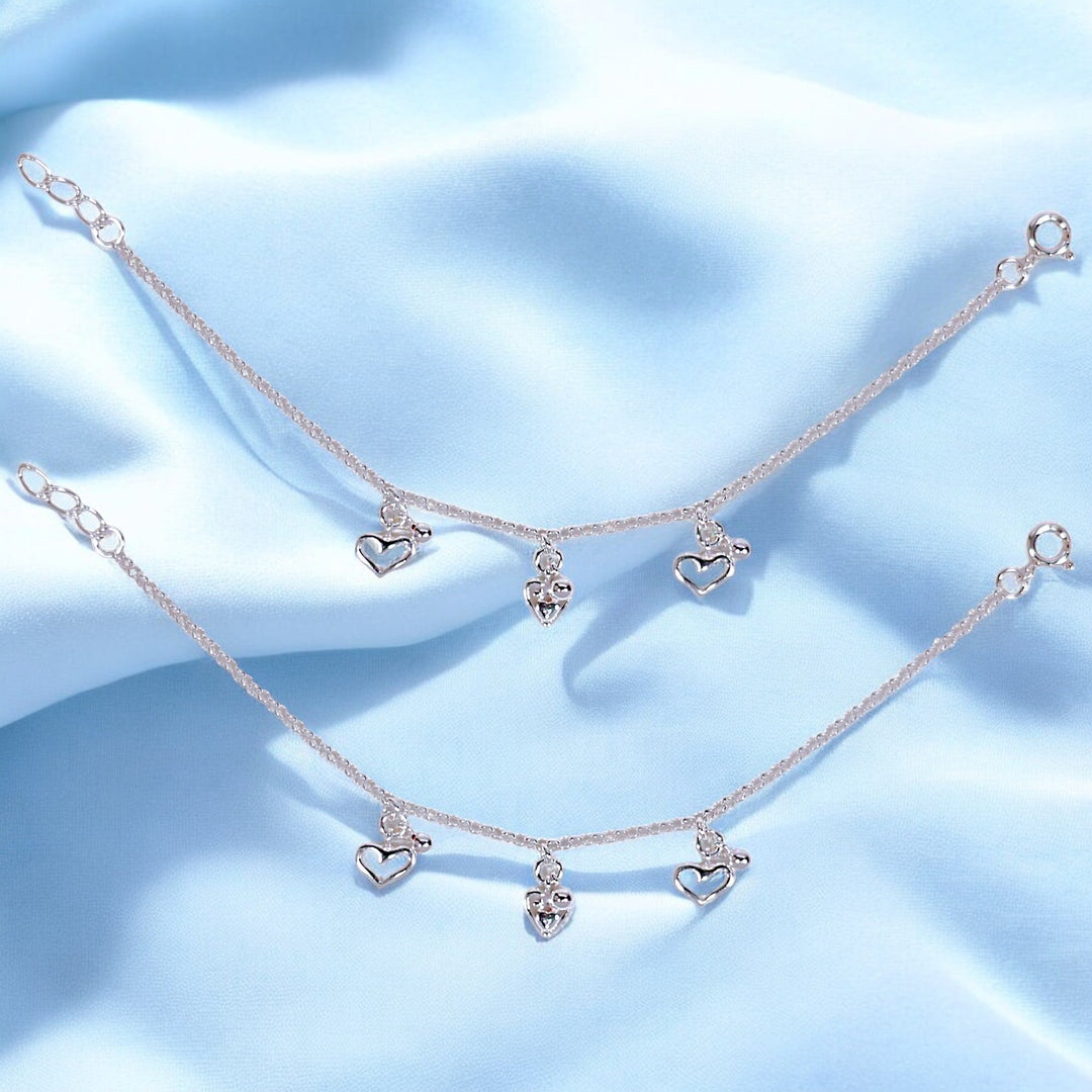 925 Sterling Silver Heart with Small Bead Anklet for Kids - Taraash