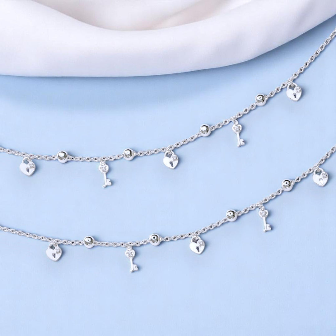 925 Sterling Silver Lock & Key CZ Beaded Anklet for Women - Taraash