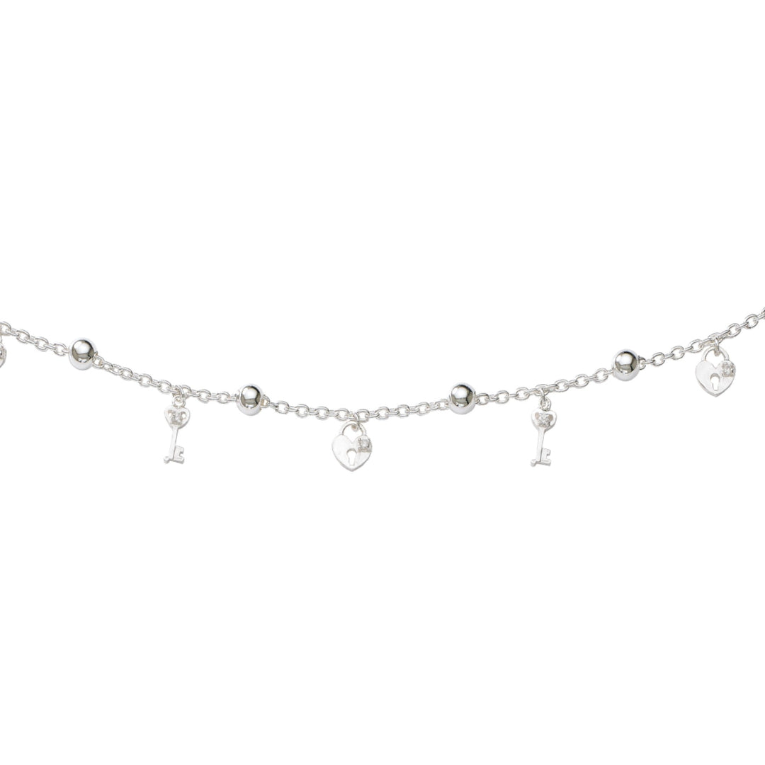 925 Sterling Silver Lock & Key CZ Beaded Anklet for Women - Taraash