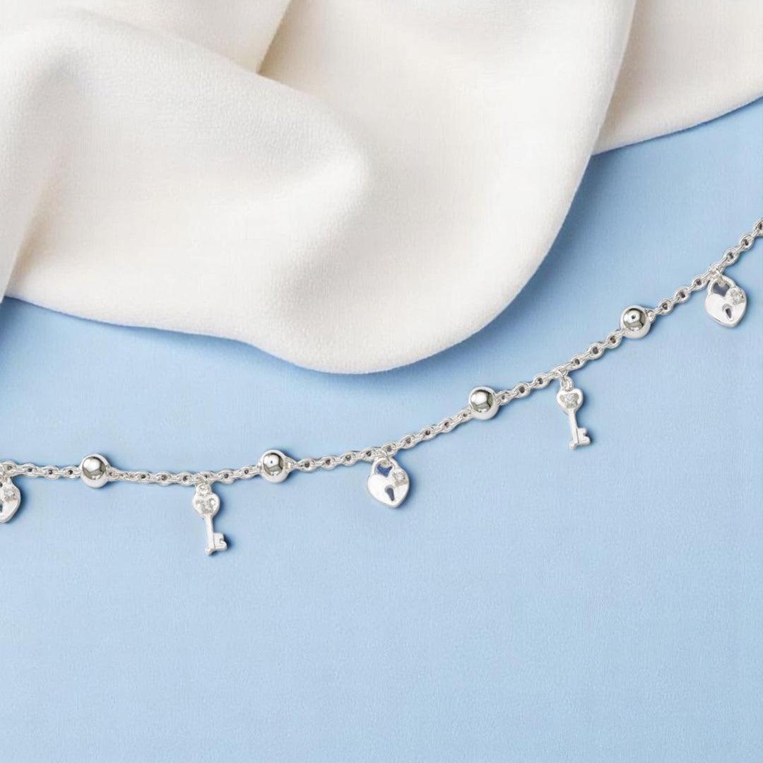 925 Sterling Silver Lock & Key CZ Beaded Single Anklet for Women - Taraash