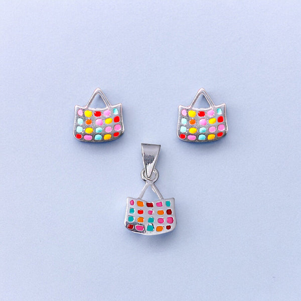 925 Sterling Silver Multi Color Bag Pendant and Earring Set for Girls - Taraash