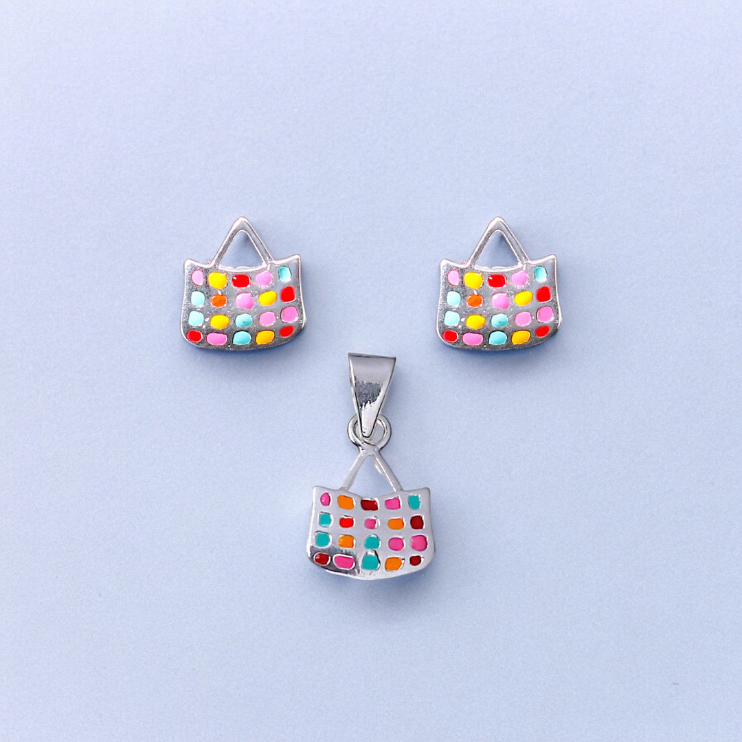 925 Sterling Silver Multi Color Bag Pendant and Earring Set for Girls - Taraash