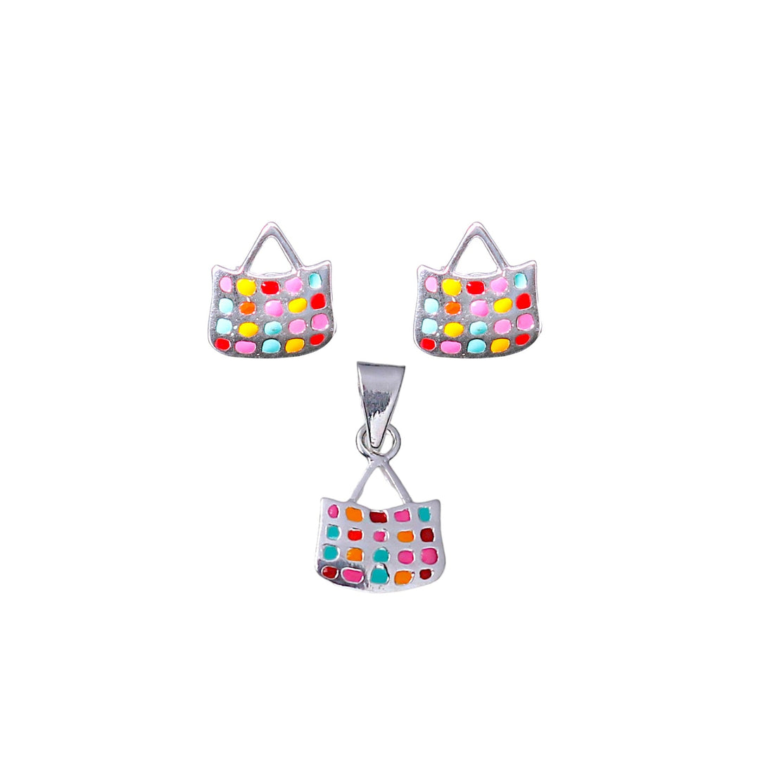 925 Sterling Silver Multi Color Bag Pendant and Earring Set for Girls - Taraash