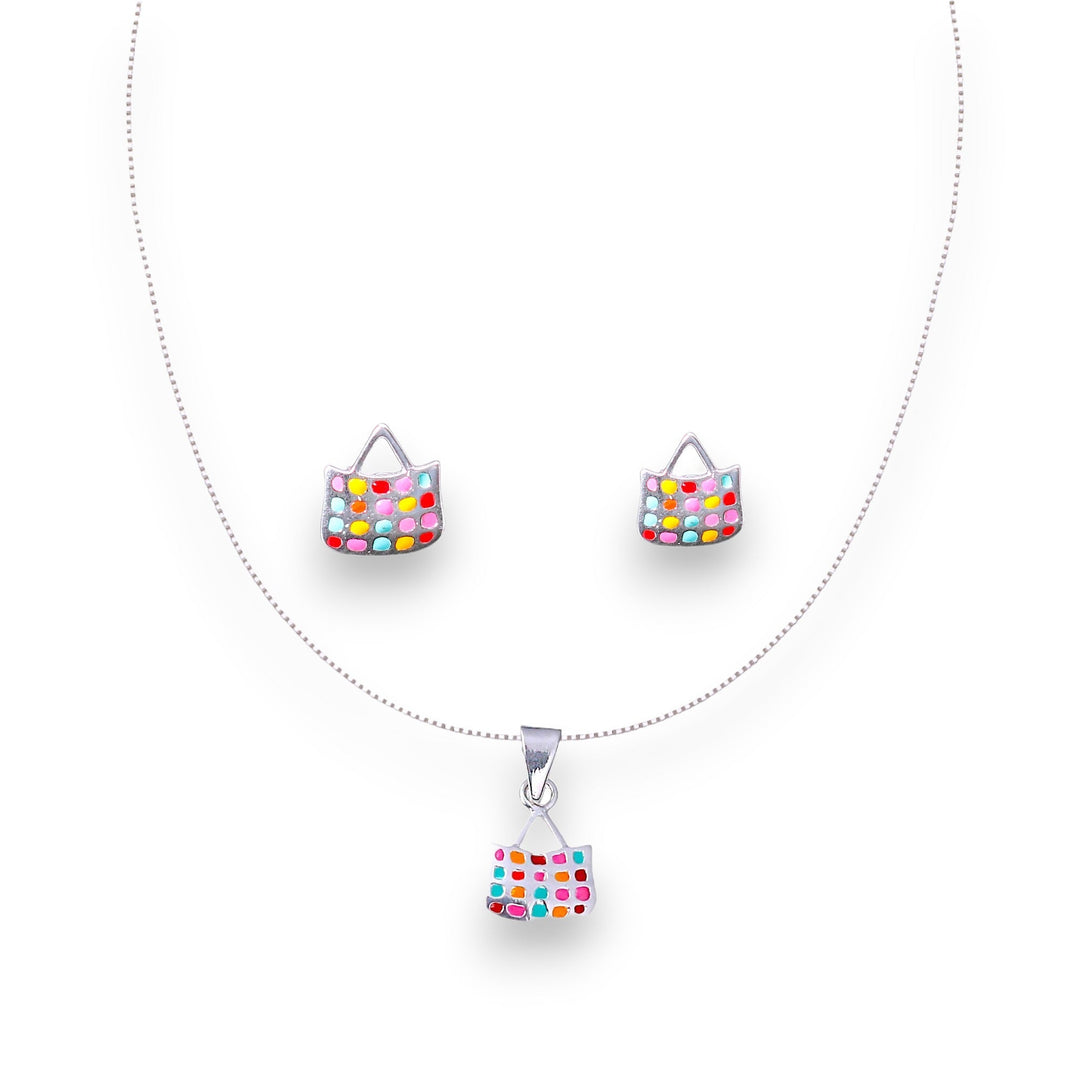925 Sterling Silver Multi Color Bag Pendant Chain and Earring Set for Girls - Taraash
