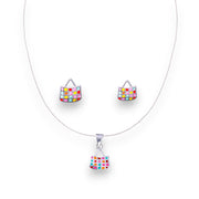 925 Sterling Silver Multi Color Bag Pendant Chain and Earring Set for Girls - Taraash