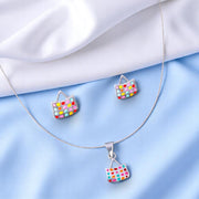 925 Sterling Silver Multi Color Bag Pendant Chain and Earring Set for Girls - Taraash